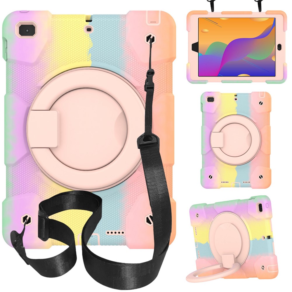 For iPad 9.7-inch (2018)/(2017)/iPad Air 2 PC + Silicone Colorful Tablet Case Anti-fall Protection Kickstand Cover with Shoulder Strap - Colorful Rose Gold