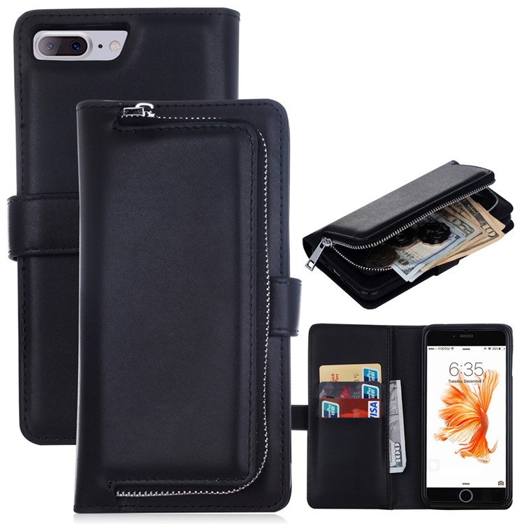 

For iPhone 8 Plus / 7 Plus 5.5 inch Magnetic Absorbed 2 in 1 TPU Zippered Wallet Leather Case Cover - Black