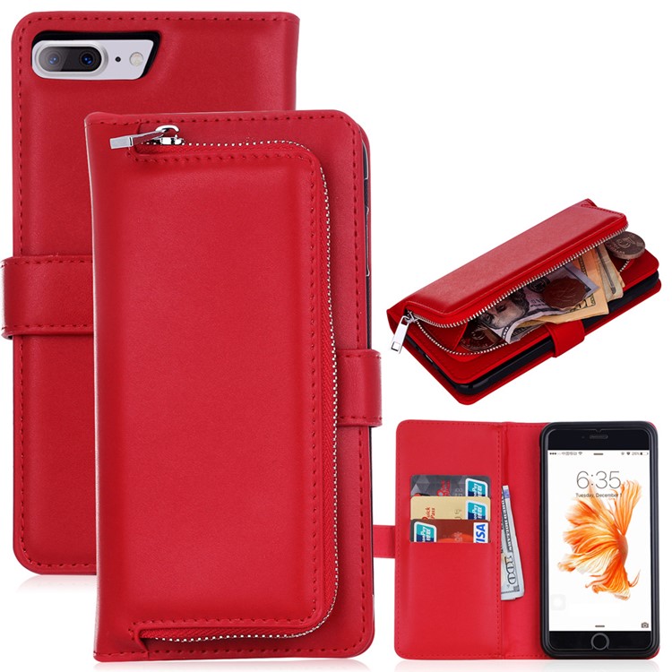 

2 in 1 Magnetic Absorbed TPU Zippered Wallet Leather Phone Case for iPhone 8 Plus / 7 Plus 5.5 inch - Red