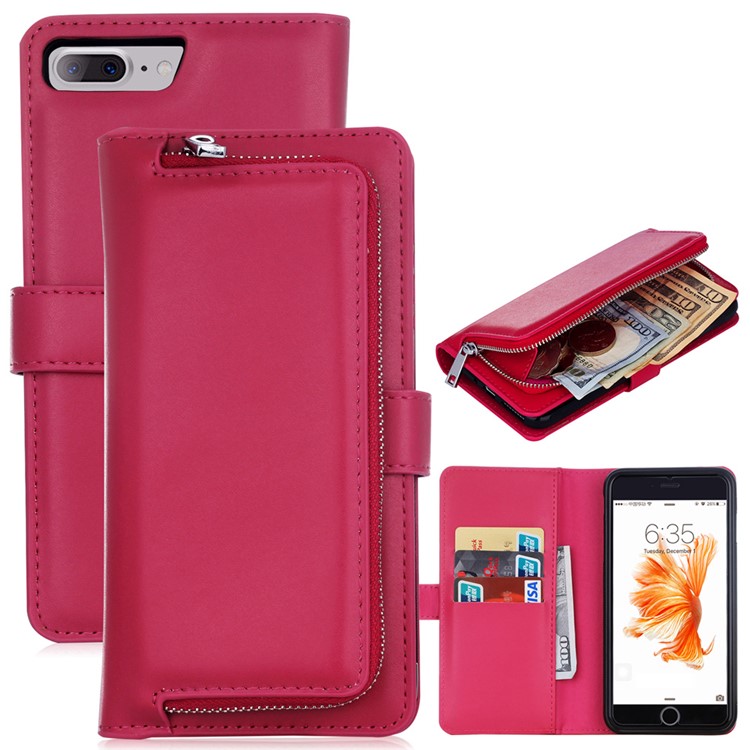 

2 in 1 Magnetic Absorbed Zippered Leather Wallet Case for iPhone 8 Plus / 7 Plus 5.5 inch - Rose