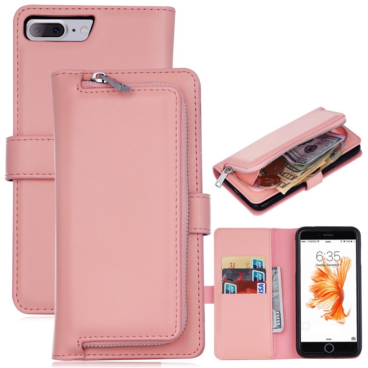 

2 in 1 Magnetic Absorbed Zippered Leather Wallet Cover for iPhone 8 Plus / 7 Plus 5.5 inch - Pink