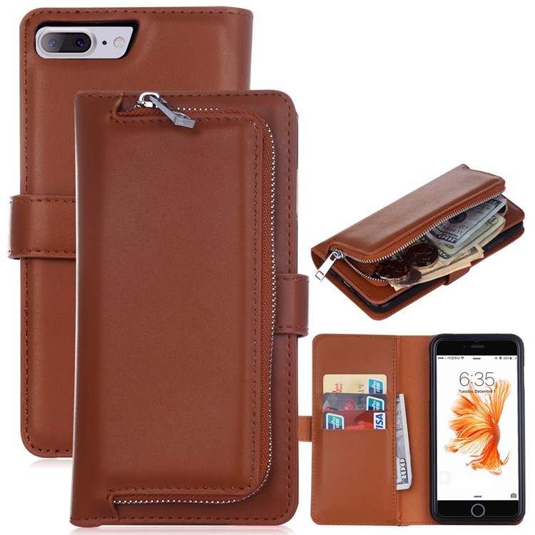 

For iPhone 8 Plus / 7 Plus 5.5 inch 2 in 1 Magnetic Absorbed TPU Zippered Wallet Leather Shell Case - Brown
