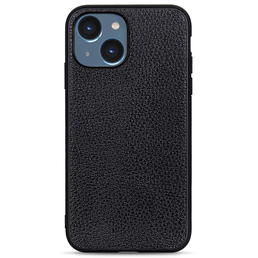 Retro Litchi Texture Phone Case for iPhone 14 6.1 inch, Genuine Leather Coated Soft TPU Hard PC Hybrid Cover - Black-1