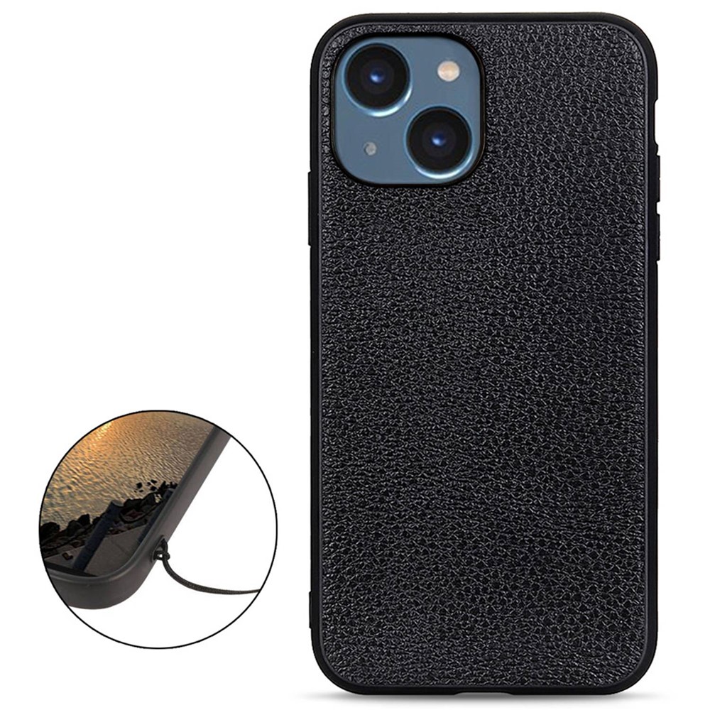 Retro Litchi Texture Phone Case for iPhone 14 6.1 inch, Genuine Leather Coated Soft TPU Hard PC Hybrid Cover - Black-2
