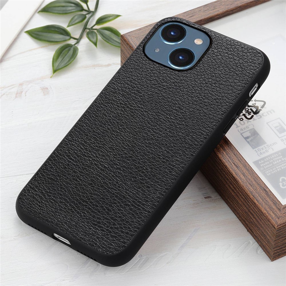 Retro Litchi Texture Phone Case for iPhone 14 6.1 inch, Genuine Leather Coated Soft TPU Hard PC Hybrid Cover - Black-3