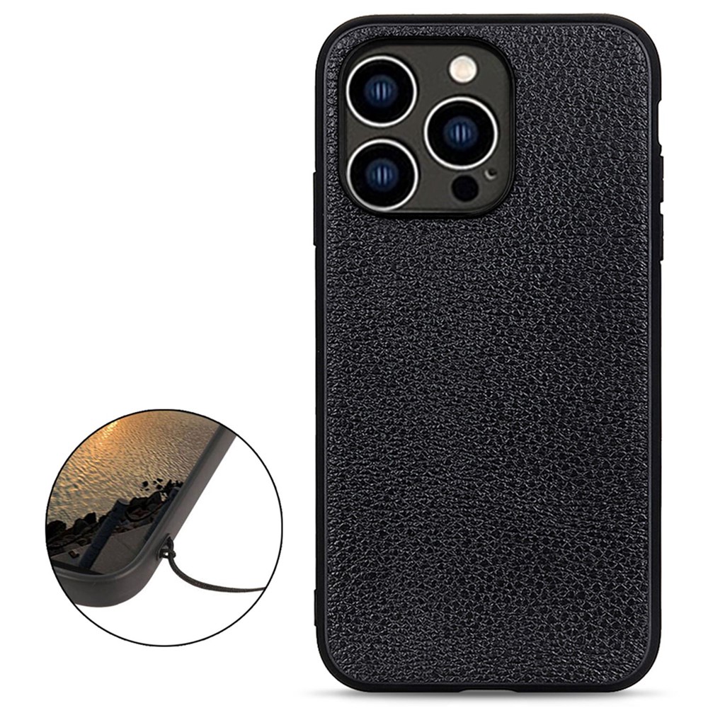 Genuine Leather Coating Phone Cover for iPhone 14 Pro 6.1 inch, Litchi Texture Hybrid PC + TPU Bottom Case - Black-2