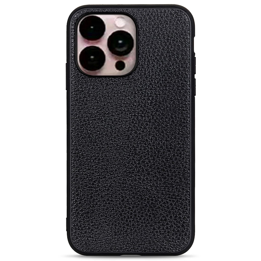 For iPhone 14 Pro Max 6.7 inch Litchi Texture Phone Case Anti-scratch Genuine Leather + PC + TPU Hybrid Cover - Black-1
