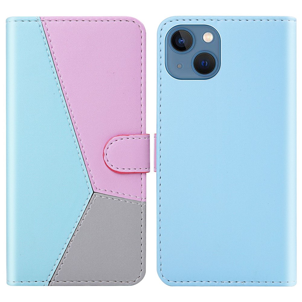 Three-color Splicing PU Leather Cover for iPhone 14 Max 6.7 inch, Magnetic Clasp Phone Case with Stand Wallet - Blue/Purple/Grey-1