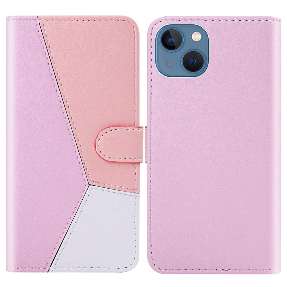 Three-color Splicing Phone Case for iPhone 14 6.1 inch, Anti-scratch PU Leather Stand Wallet Shell - Purple/Pink/White-1