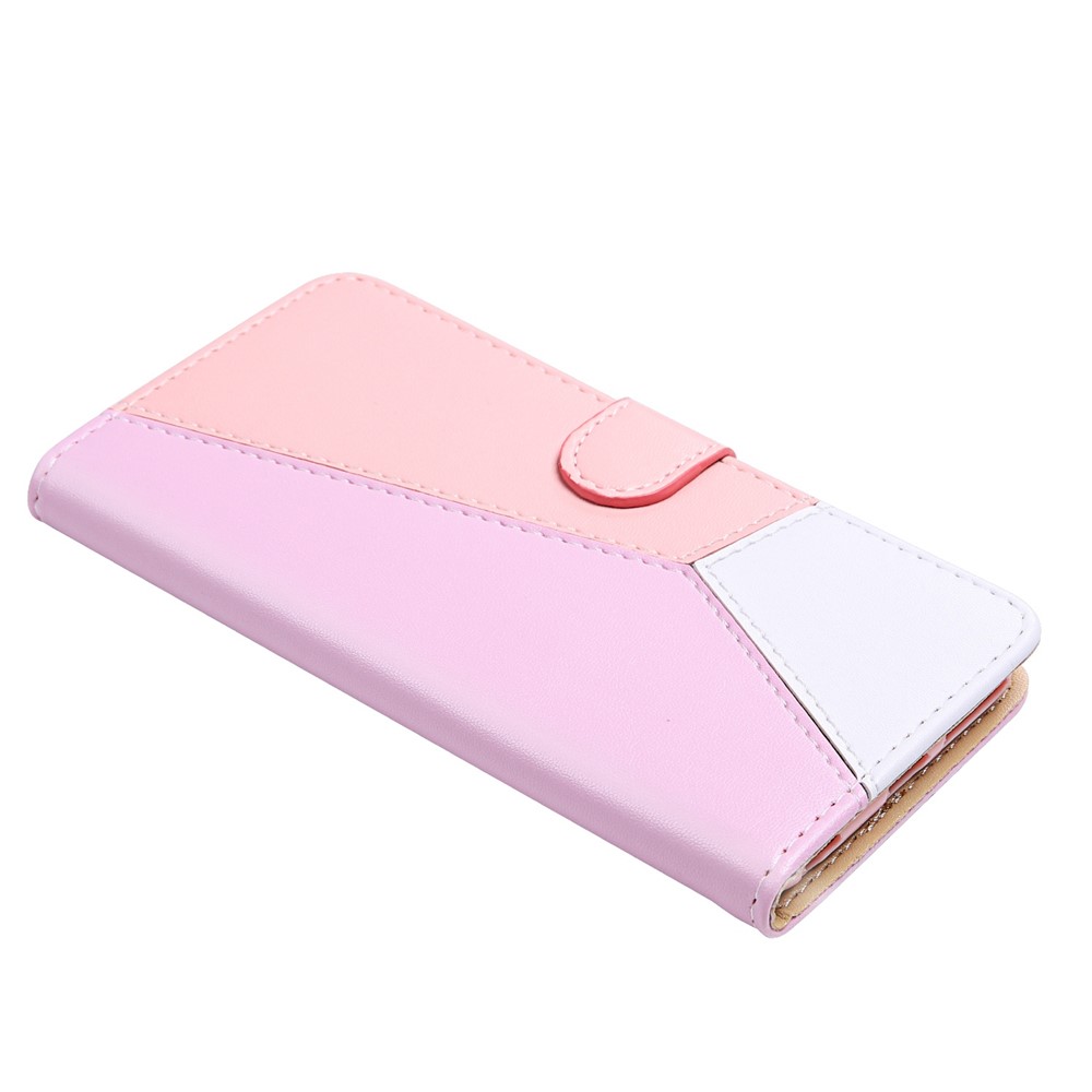 Three-color Splicing Phone Case for iPhone 14 6.1 inch, Anti-scratch PU Leather Stand Wallet Shell - Purple/Pink/White-4