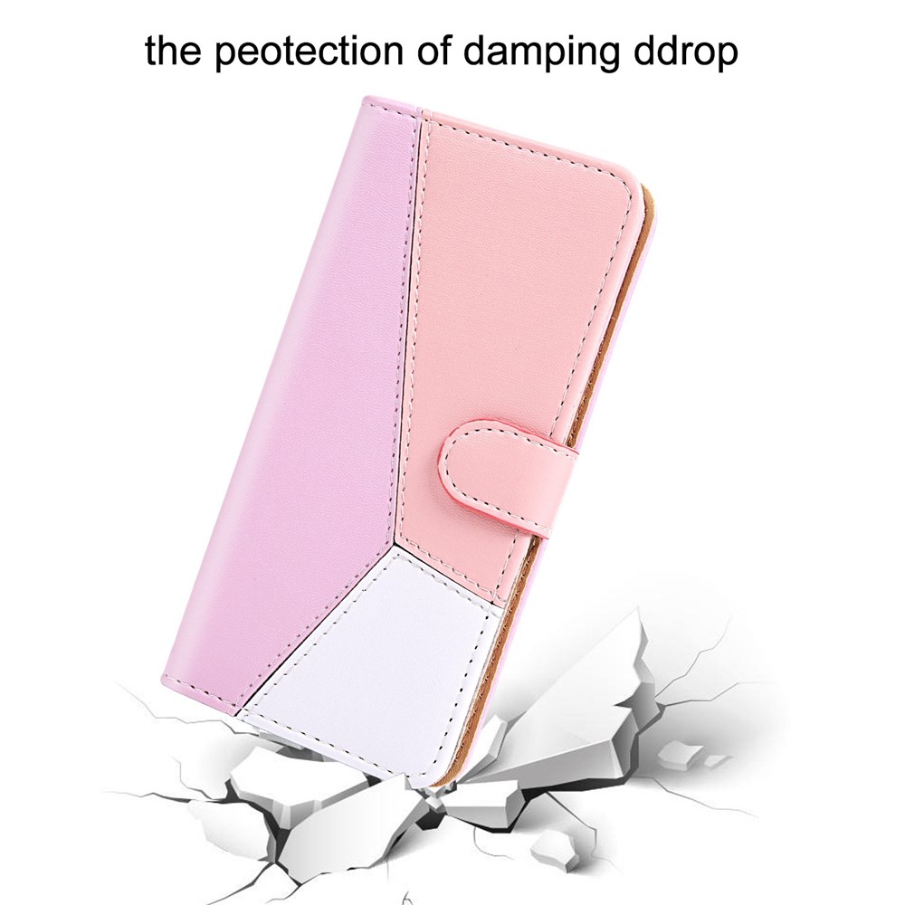 Three-color Splicing Phone Case for iPhone 14 6.1 inch, Anti-scratch PU Leather Stand Wallet Shell - Purple/Pink/White-5