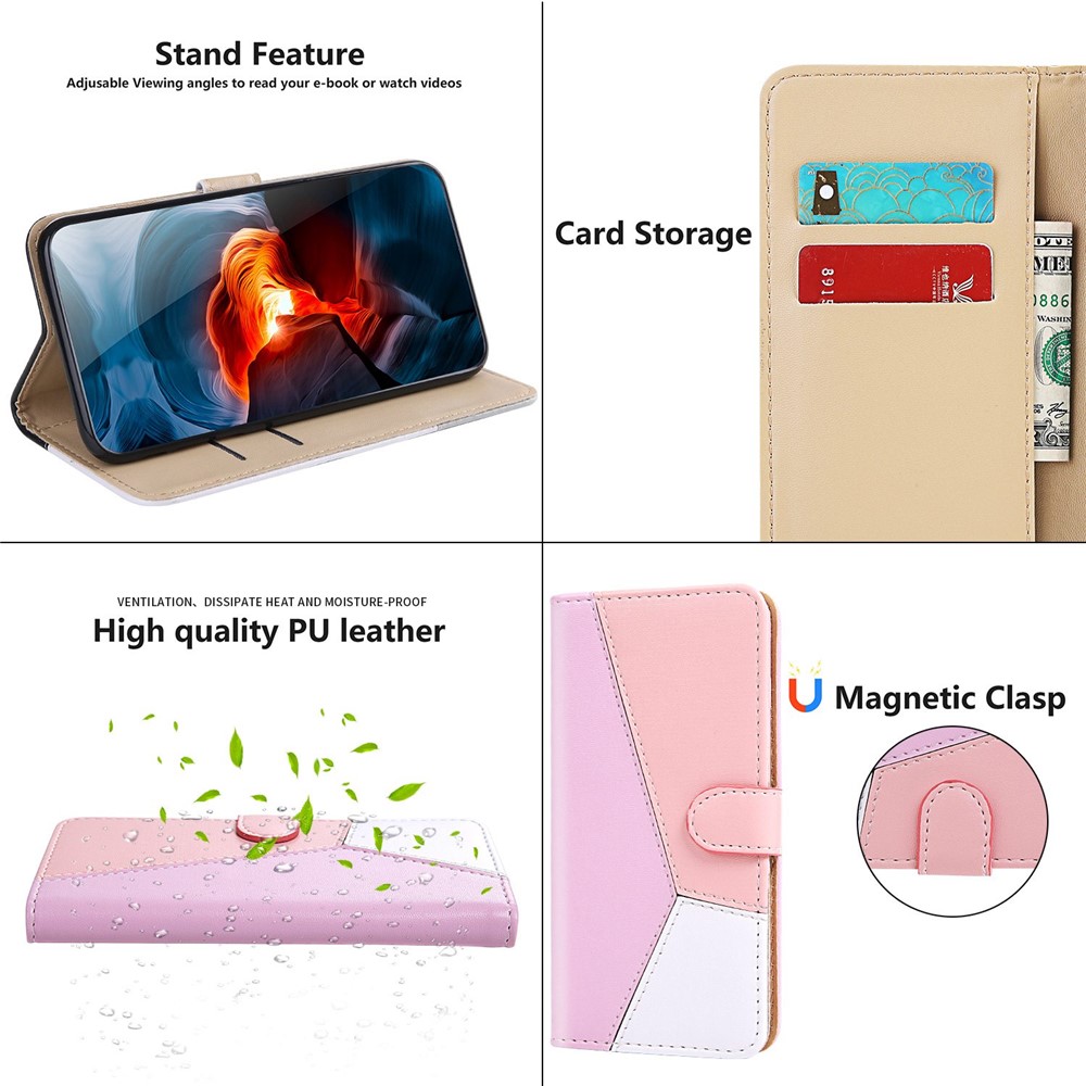 Three-color Splicing Phone Case for iPhone 14 6.1 inch, Anti-scratch PU Leather Stand Wallet Shell - Purple/Pink/White-6
