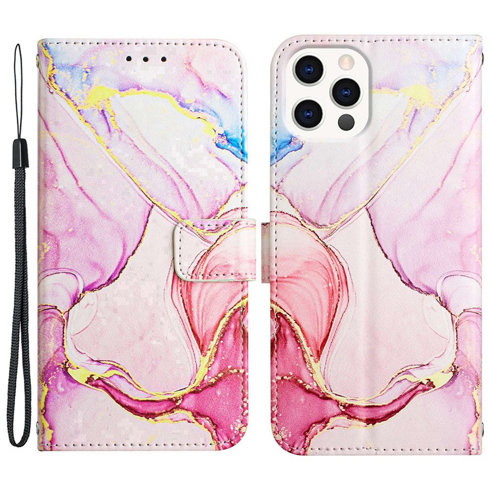 YB Pattern Printing Leather Series-5 for iPhone 14 Pro 6.1 inch Marble Pattern Stand Phone Case PU Leather Wallet Cover with Strap - Rose Gold 005-1