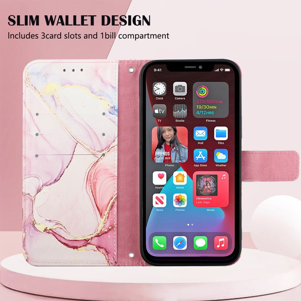 YB Pattern Printing Leather Series-5 for iPhone 14 Pro 6.1 inch Marble Pattern Stand Phone Case PU Leather Wallet Cover with Strap - Rose Gold 005-3