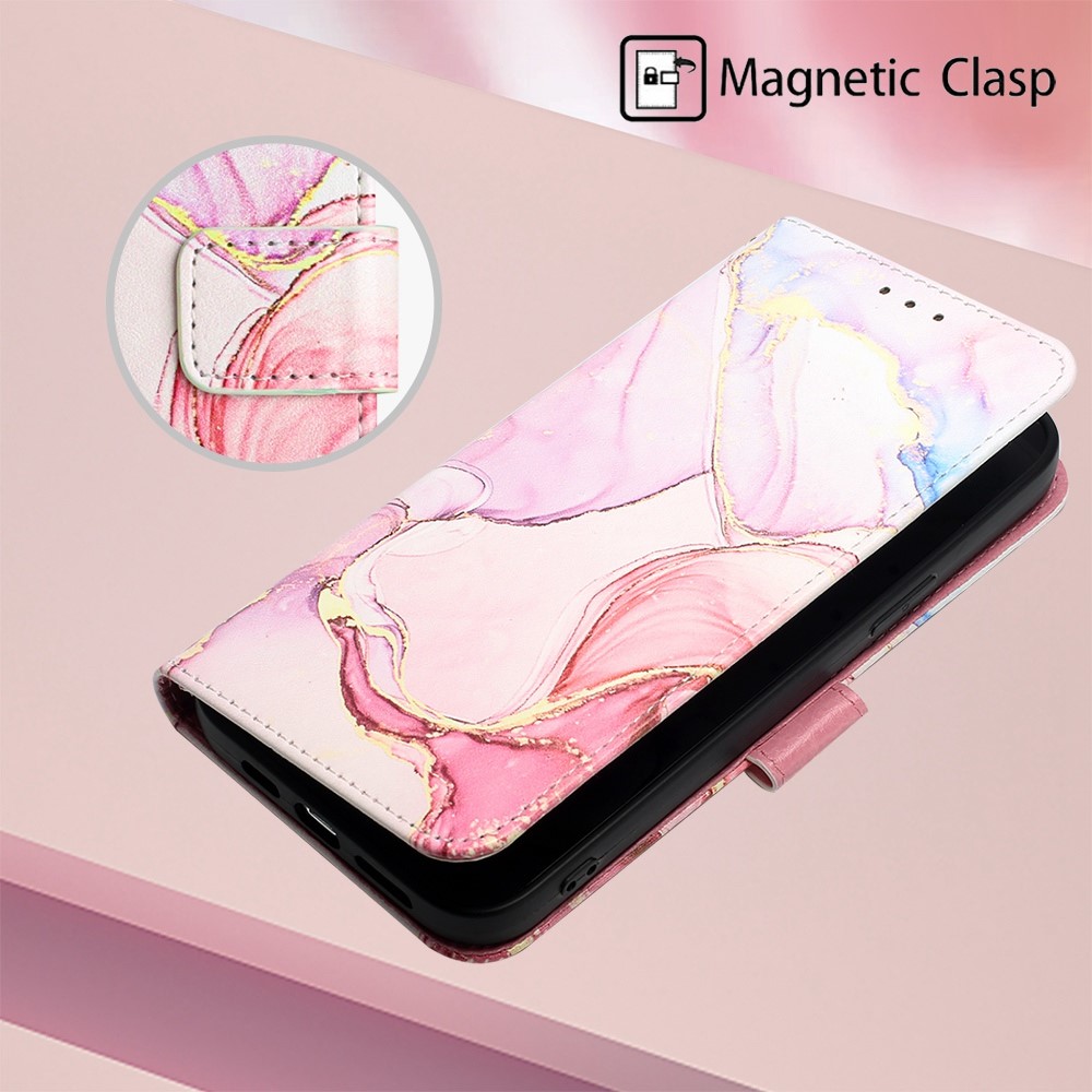 YB Pattern Printing Leather Series-5 for iPhone 14 Pro 6.1 inch Marble Pattern Stand Phone Case PU Leather Wallet Cover with Strap - Rose Gold 005-4