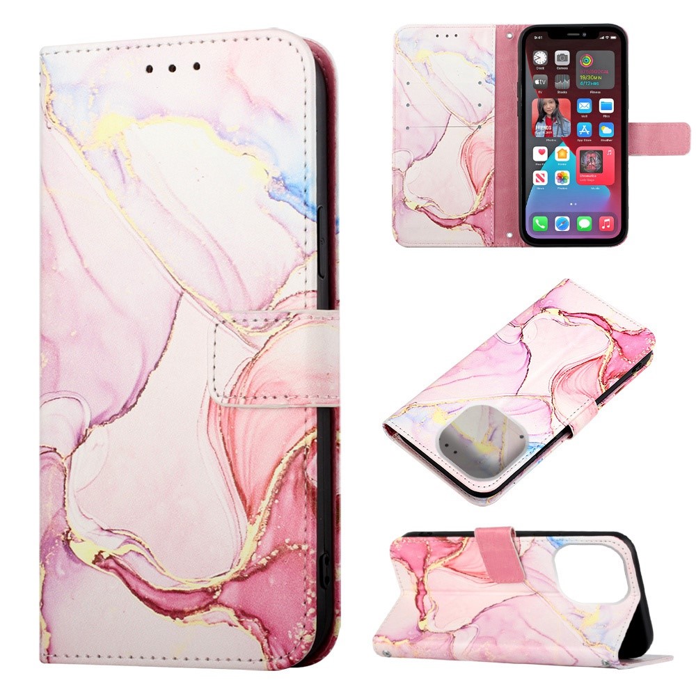 YB Pattern Printing Leather Series-5 for iPhone 14 Pro 6.1 inch Marble Pattern Stand Phone Case PU Leather Wallet Cover with Strap - Rose Gold 005-5