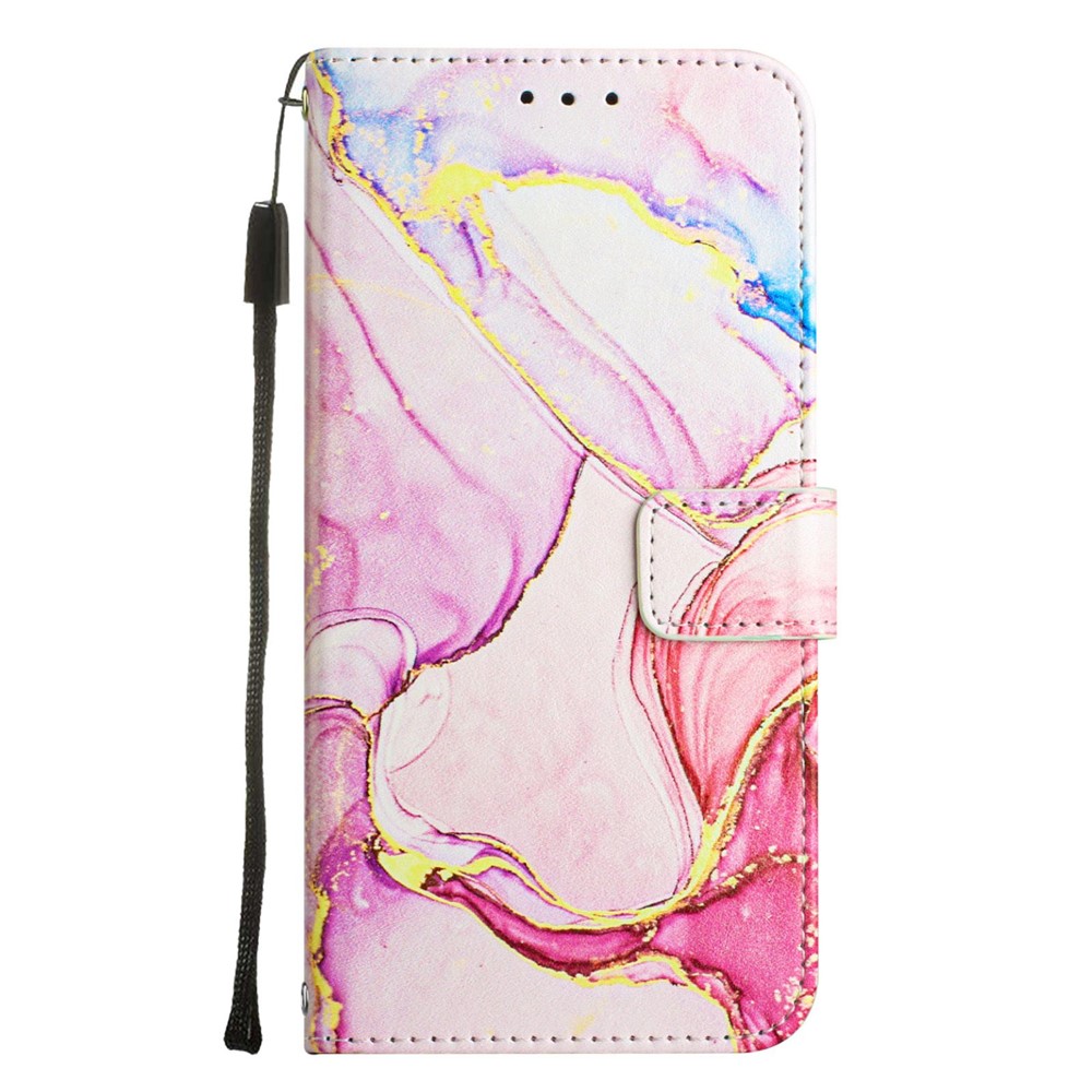 YB Pattern Printing Leather Series-5 for iPhone 14 Pro 6.1 inch Marble Pattern Stand Phone Case PU Leather Wallet Cover with Strap - Rose Gold 005-6