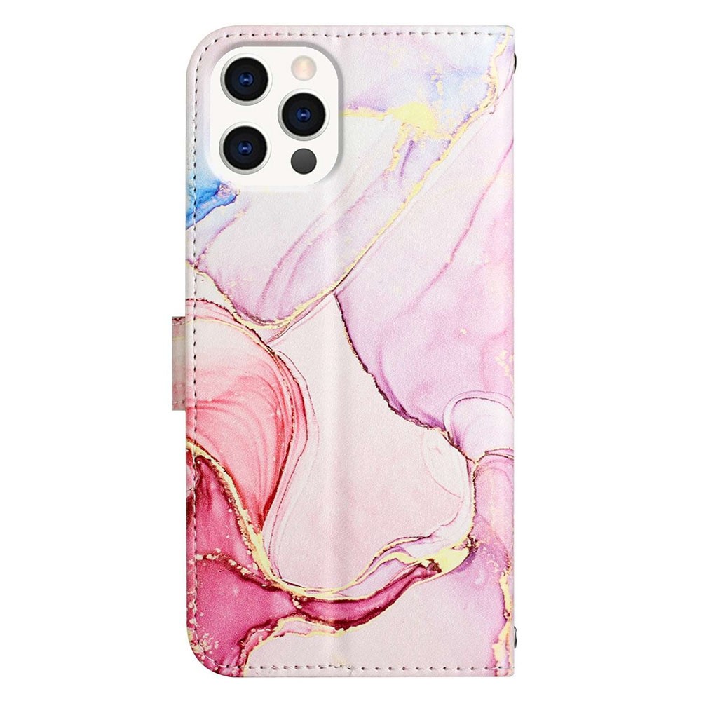 YB Pattern Printing Leather Series-5 for iPhone 14 Pro 6.1 inch Marble Pattern Stand Phone Case PU Leather Wallet Cover with Strap - Rose Gold 005-7