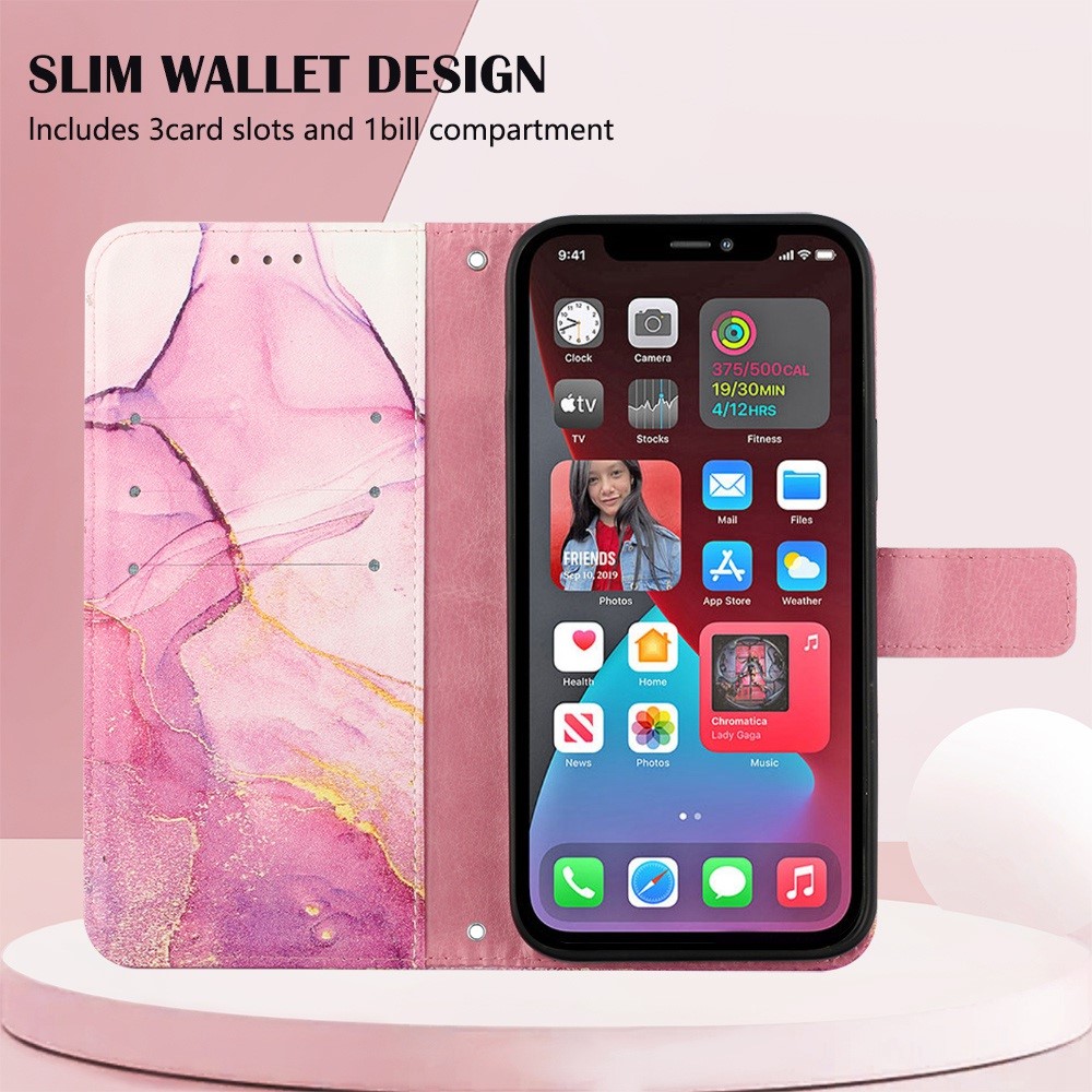 YB Pattern Printing Leather Series-5 for iPhone 14 Pro Max 6.7 inch Marble Pattern Folio Flip Phone Case PU Leather Wallet Stand Cover with Strap - Pink/Purple/Gold 001-3