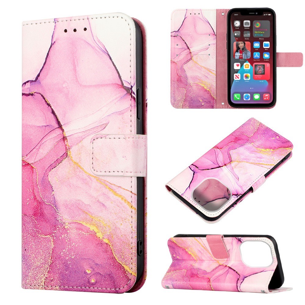 YB Pattern Printing Leather Series-5 for iPhone 14 Pro Max 6.7 inch Marble Pattern Folio Flip Phone Case PU Leather Wallet Stand Cover with Strap - Pink/Purple/Gold 001-5
