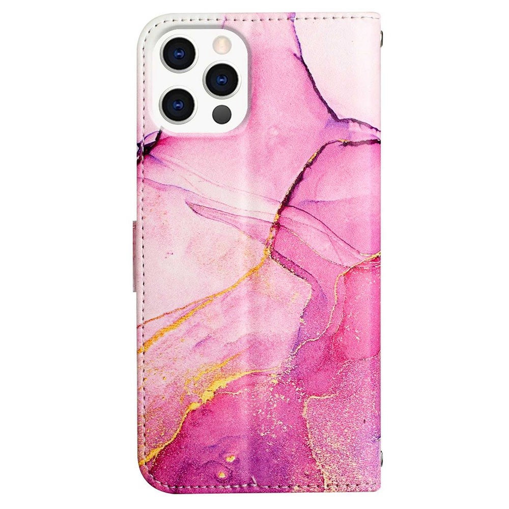 YB Pattern Printing Leather Series-5 for iPhone 14 Pro Max 6.7 inch Marble Pattern Folio Flip Phone Case PU Leather Wallet Stand Cover with Strap - Pink/Purple/Gold 001-7
