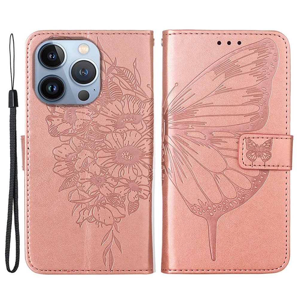YB Imprinting Flower Series-4 for iPhone 14 Pro Max 6.7 inch Butterfly Flower Imprinted PU Leather Stand Cover Folio Flip Wallet Case - Rose Gold-1