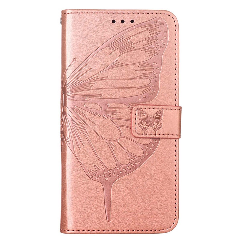 YB Imprinting Flower Series-4 for iPhone 14 Pro Max 6.7 inch Butterfly Flower Imprinted PU Leather Stand Cover Folio Flip Wallet Case - Rose Gold-8