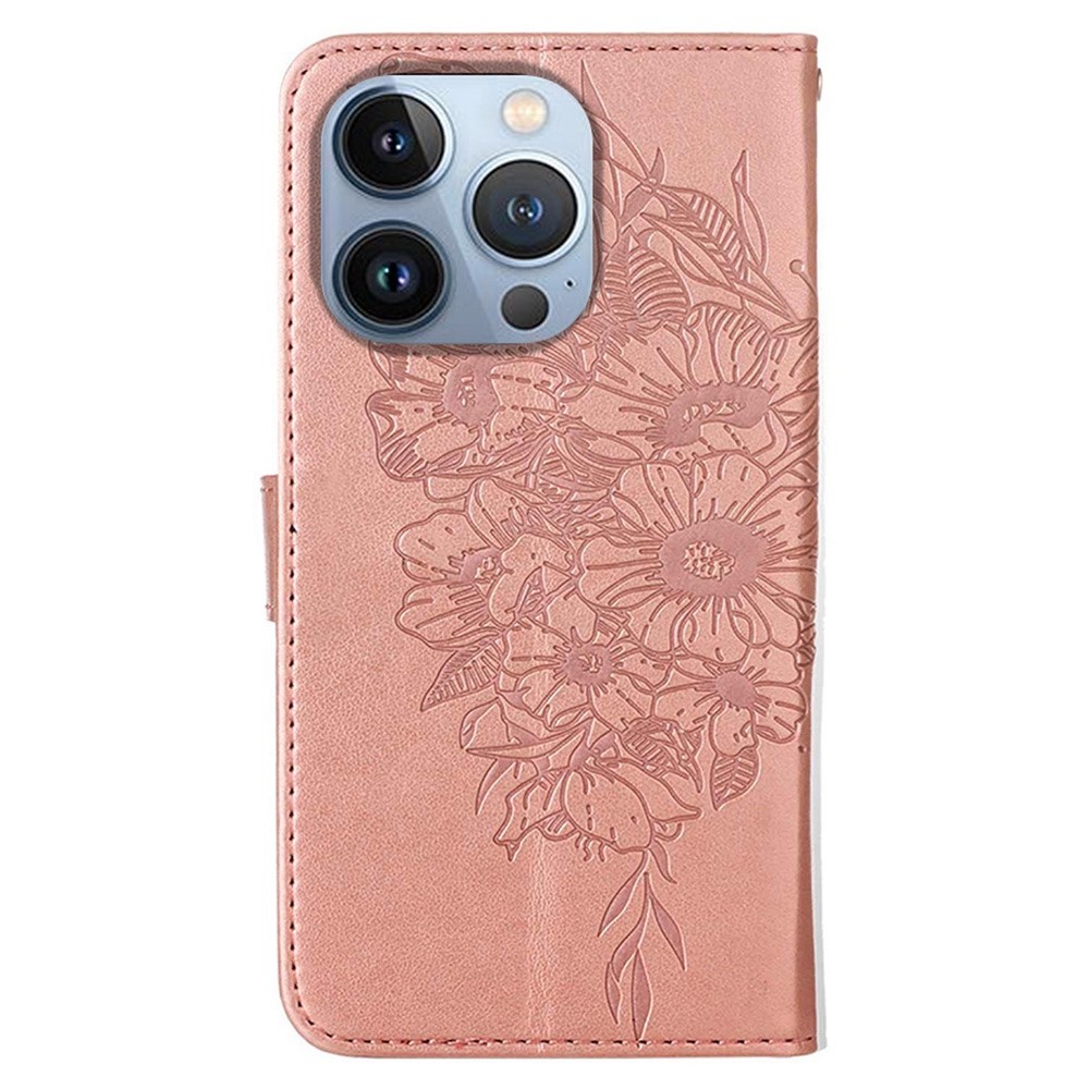 YB Imprinting Flower Series-4 for iPhone 14 Pro Max 6.7 inch Butterfly Flower Imprinted PU Leather Stand Cover Folio Flip Wallet Case - Rose Gold-9