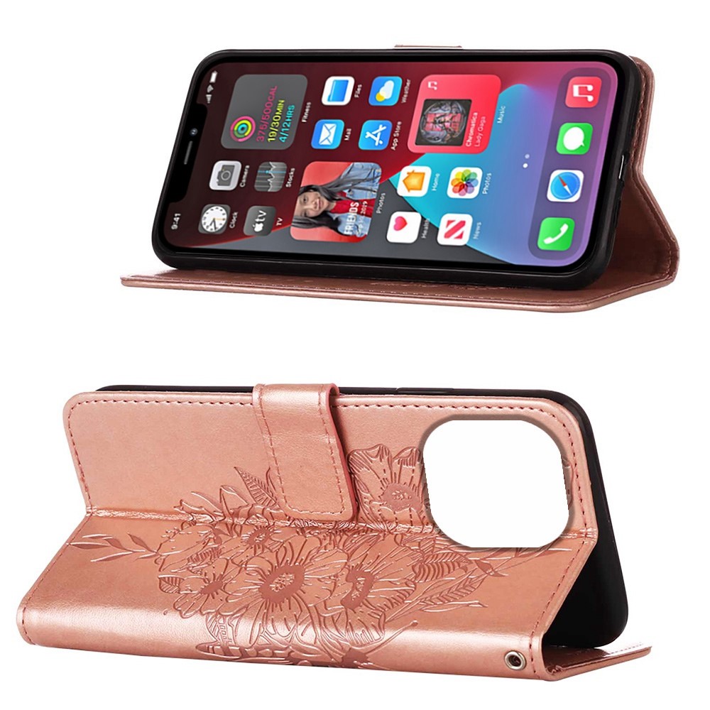 YB Imprinting Flower Series-4 for iPhone 14 Pro 6.1 inch PU Leather Butterfly Flower Imprinted Phone Case Wallet Stand Protective Cover - Rose Gold-2