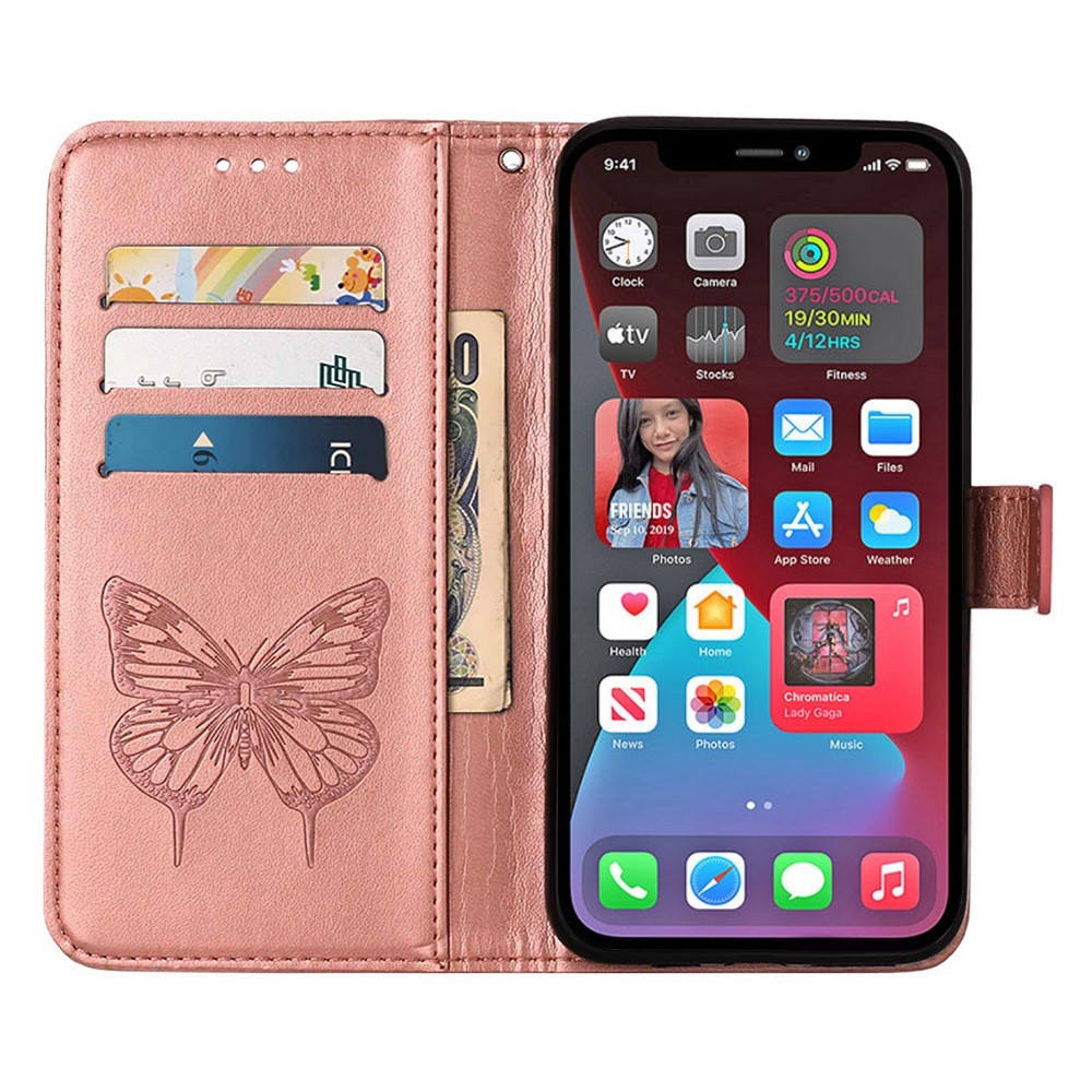 YB Imprinting Flower Series-4 for iPhone 14 Pro 6.1 inch PU Leather Butterfly Flower Imprinted Phone Case Wallet Stand Protective Cover - Rose Gold-3