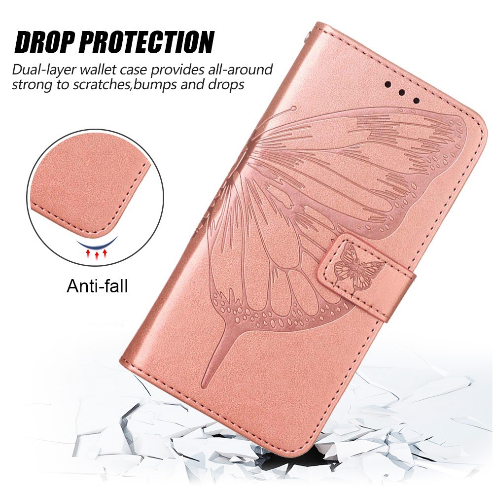 YB Imprinting Flower Series-4 for iPhone 14 Pro 6.1 inch PU Leather Butterfly Flower Imprinted Phone Case Wallet Stand Protective Cover - Rose Gold-4