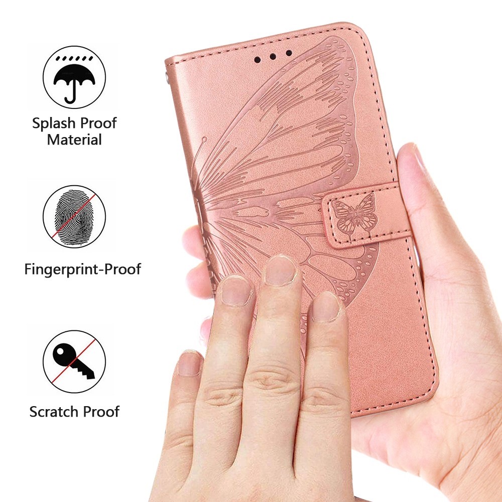 YB Imprinting Flower Series-4 for iPhone 14 Pro 6.1 inch PU Leather Butterfly Flower Imprinted Phone Case Wallet Stand Protective Cover - Rose Gold-5