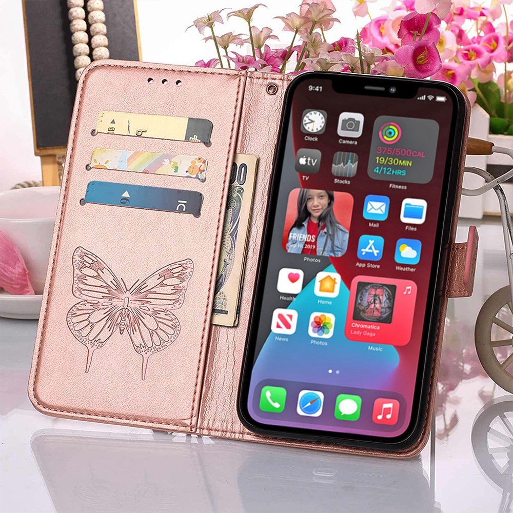 YB Imprinting Flower Series-4 for iPhone 14 Pro 6.1 inch PU Leather Butterfly Flower Imprinted Phone Case Wallet Stand Protective Cover - Rose Gold-6