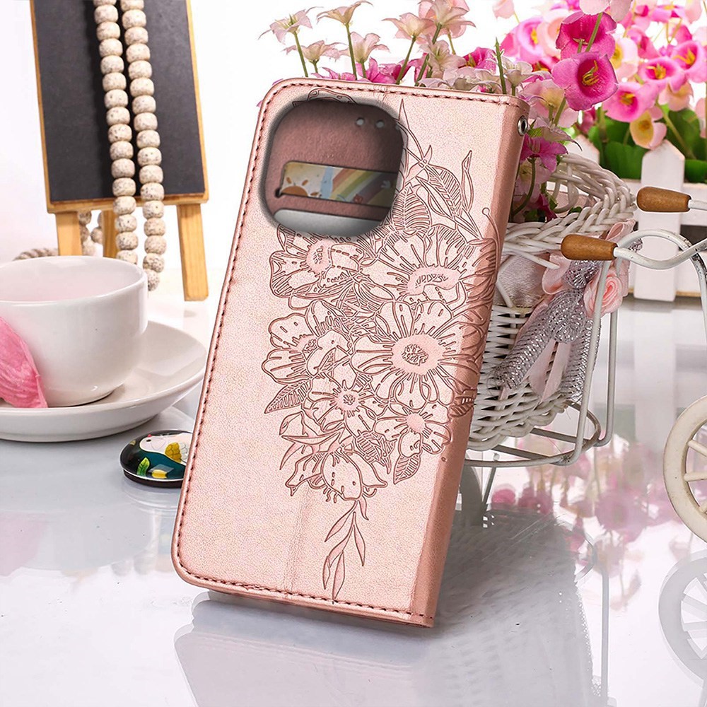 YB Imprinting Flower Series-4 for iPhone 14 Pro 6.1 inch PU Leather Butterfly Flower Imprinted Phone Case Wallet Stand Protective Cover - Rose Gold-7