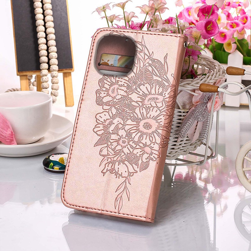YB Imprinting Flower Series-4 for iPhone 14 Max 6.7 inch Butterfly Flower Imprinted PU Leather Phone Case with Wallet Stand - Rose Gold-7