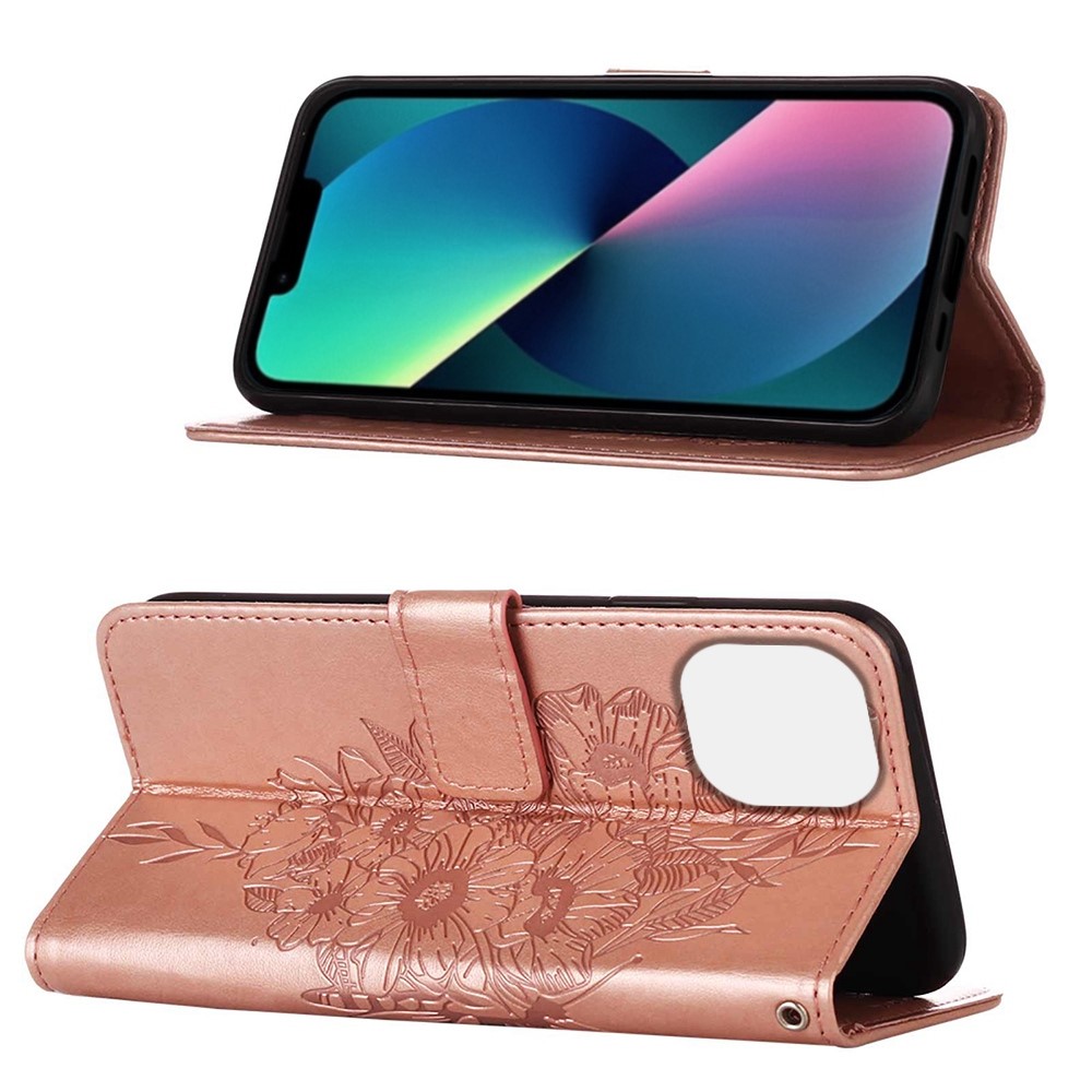 YB Imprinting Flower Series-4 for iPhone 14 6.1 inch Stand Wallet PU Leather Butterfly Flower Imprinted Phone Protective Case - Rose Gold-2