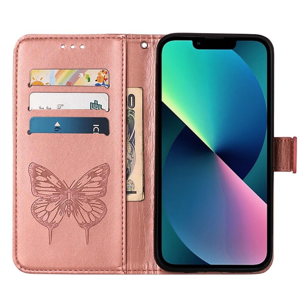 YB Imprinting Flower Series-4 for iPhone 14 6.1 inch Stand Wallet PU Leather Butterfly Flower Imprinted Phone Protective Case - Rose Gold-3