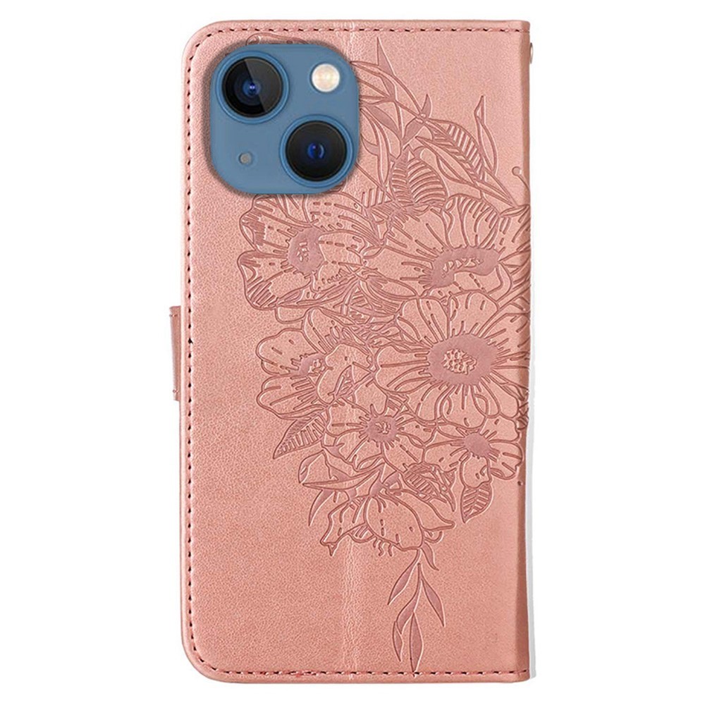 YB Imprinting Flower Series-4 for iPhone 14 6.1 inch Stand Wallet PU Leather Butterfly Flower Imprinted Phone Protective Case - Rose Gold-9
