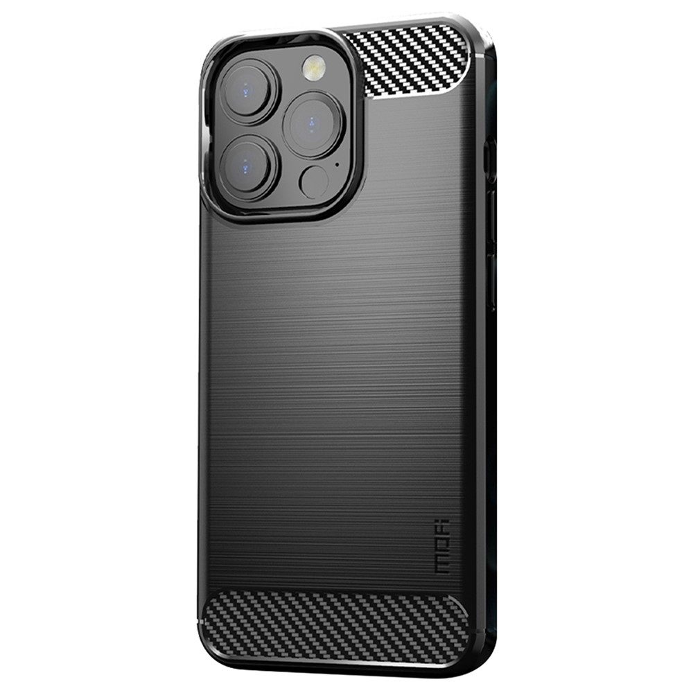 MOFI for iPhone 14 Pro 6.1 inch Anti-fingerprint Soft TPU Back Cover Brushed Surface Anti-oil Carbon Fiber Phone Case - Black-1