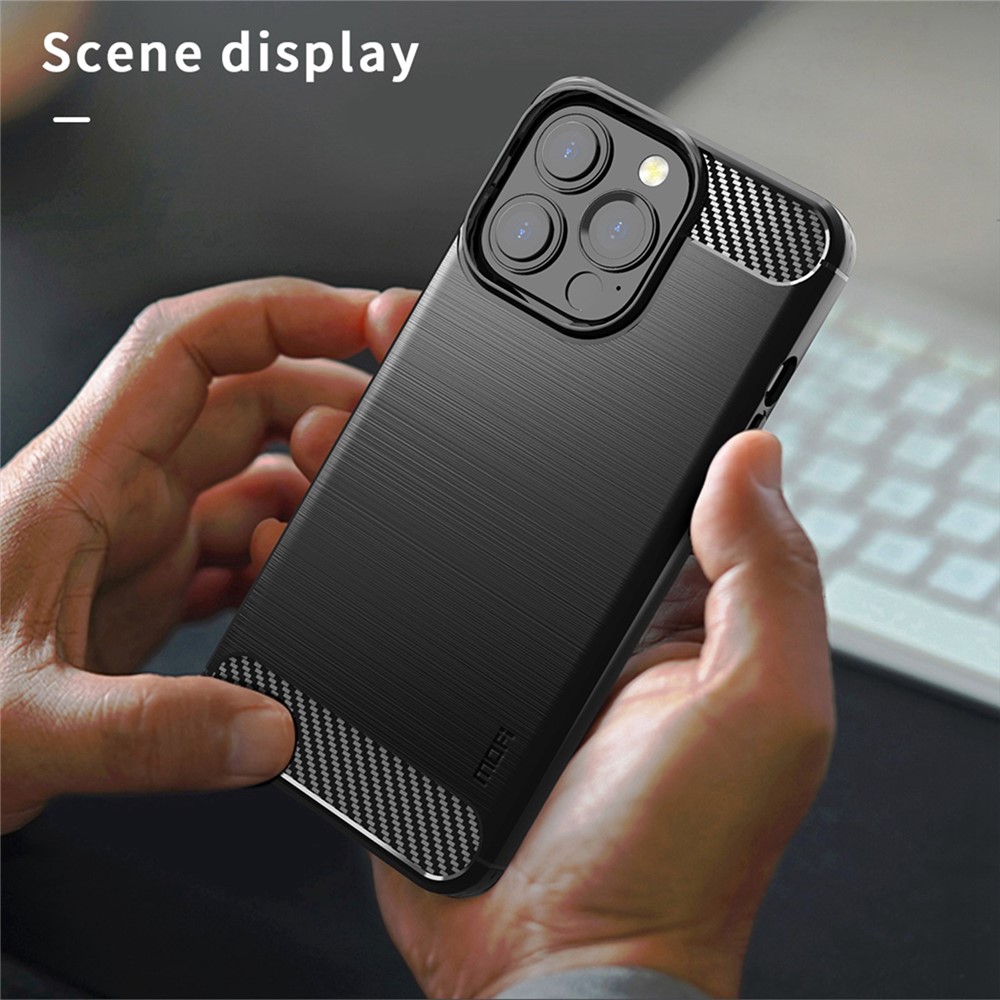 MOFI for iPhone 14 Pro 6.1 inch Anti-fingerprint Soft TPU Back Cover Brushed Surface Anti-oil Carbon Fiber Phone Case - Black-10