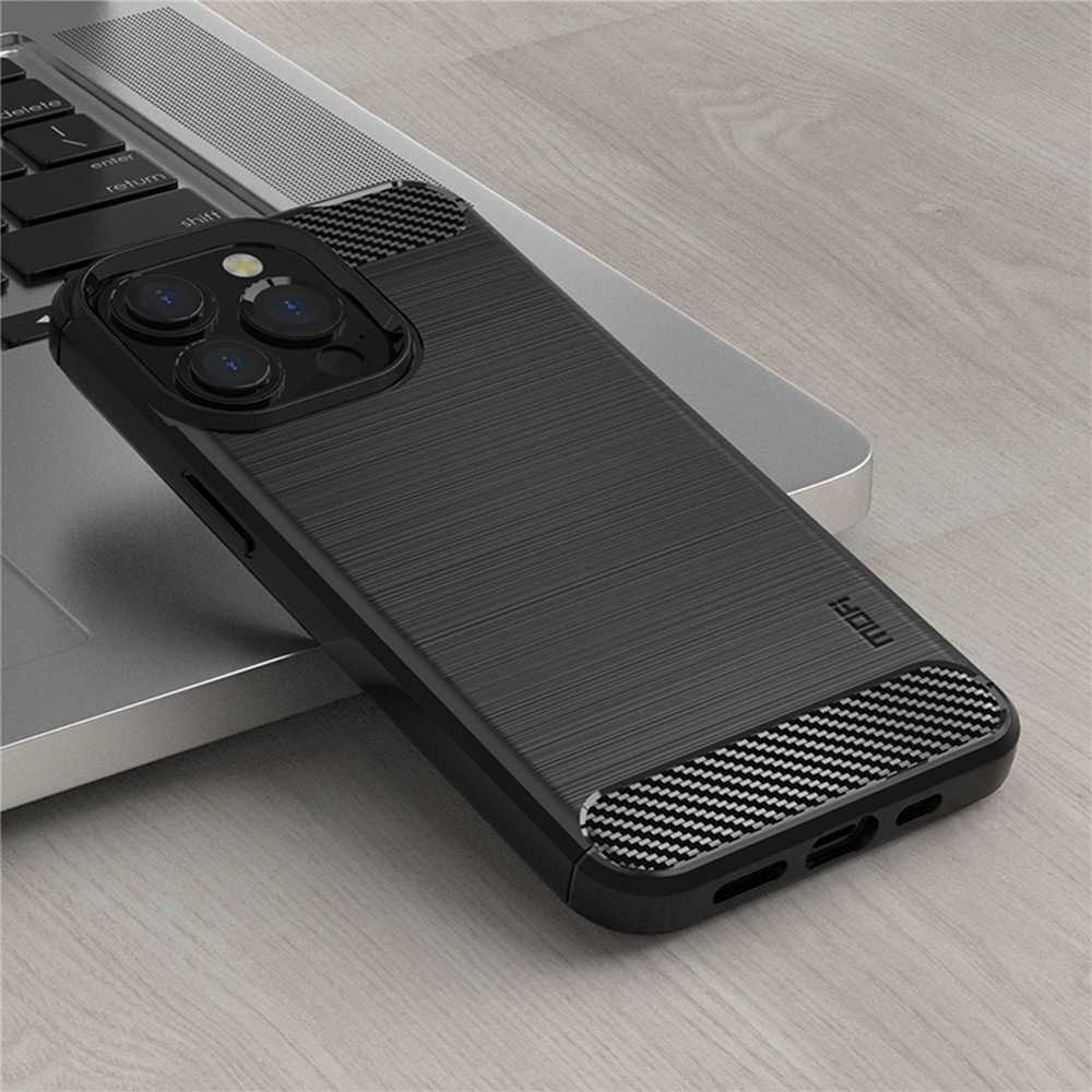 MOFI for iPhone 14 Pro 6.1 inch Anti-fingerprint Soft TPU Back Cover Brushed Surface Anti-oil Carbon Fiber Phone Case - Black-2