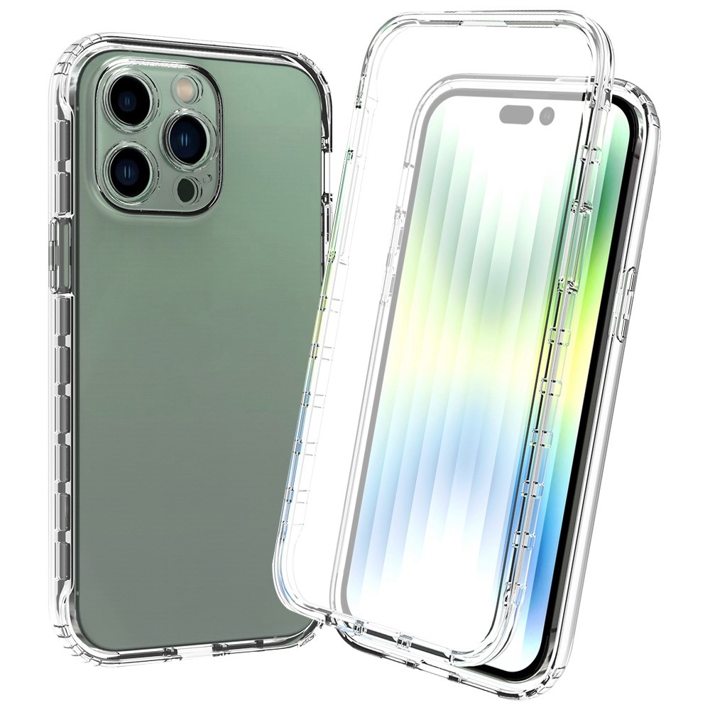 For iPhone 14 Pro 6.1 inch 3-in-1 Hybrid PC + TPU All-around Protection Cover Gradient Wear-resistant Mobile Phone Case with PET Screen Protector - Transparent-1