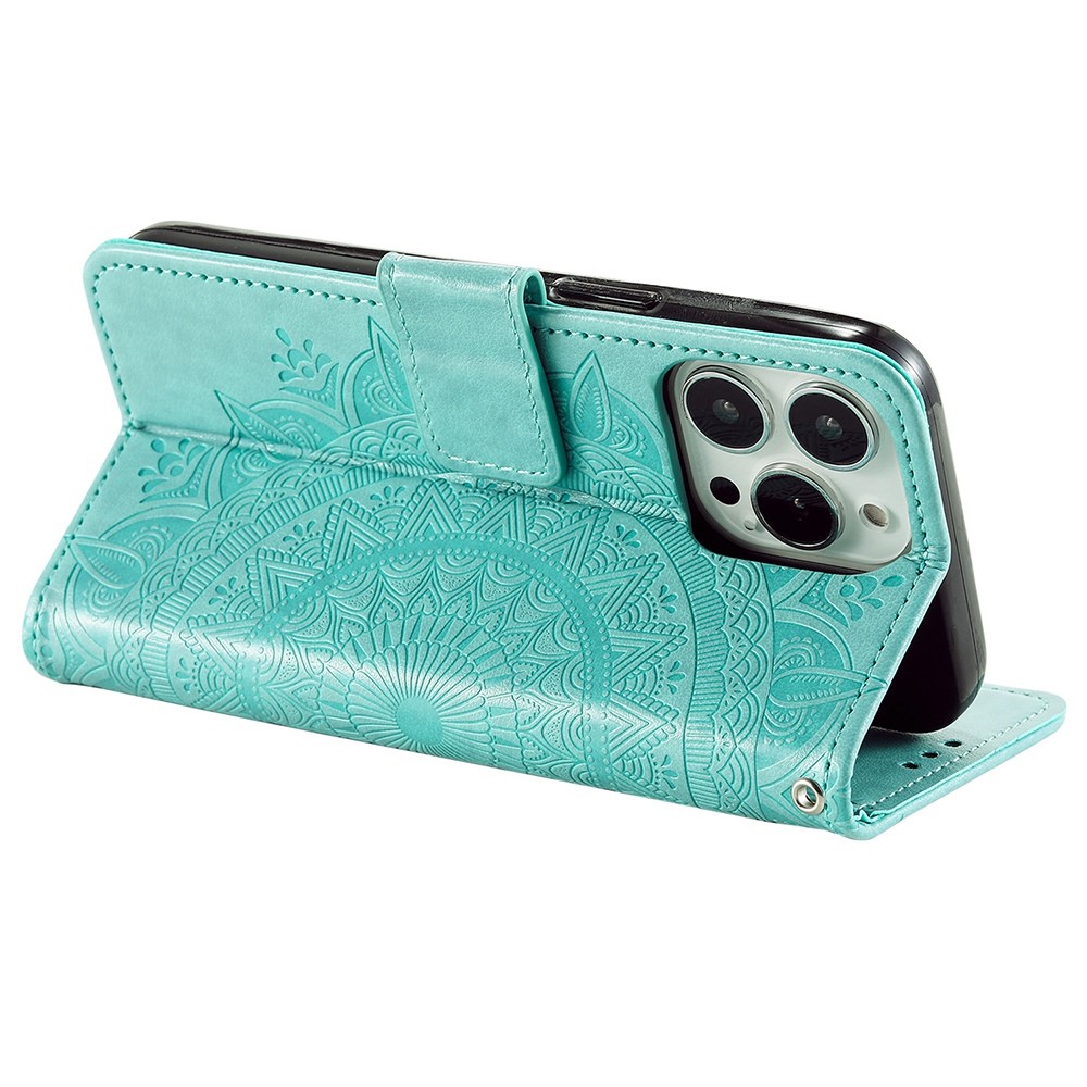 For iPhone 14 Pro Max 6.7 inch Mandala Flower Pattern Imprinted PU Leather Wallet Flip Cover TPU Inner Wrist Strap Folio Stand Cover - Green-4