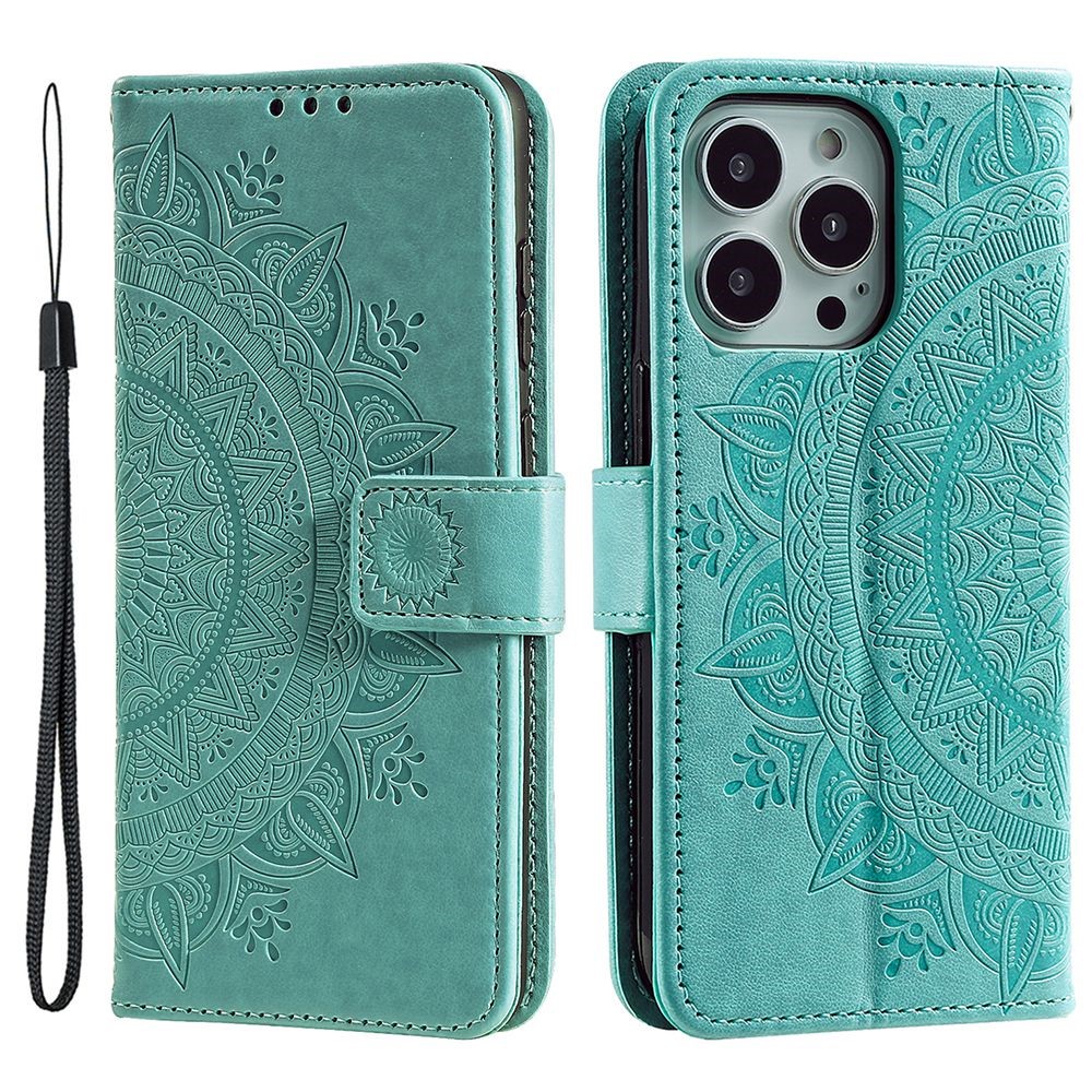 For iPhone 14 6.1 inch Mandala Flower Pattern Imprinted PU Leather Wallet Case Magnetic Closure Stand Soft TPU Book Cover - Green-1