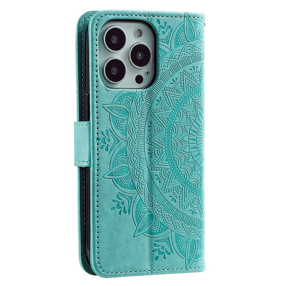 For iPhone 14 6.1 inch Mandala Flower Pattern Imprinted PU Leather Wallet Case Magnetic Closure Stand Soft TPU Book Cover - Green-6