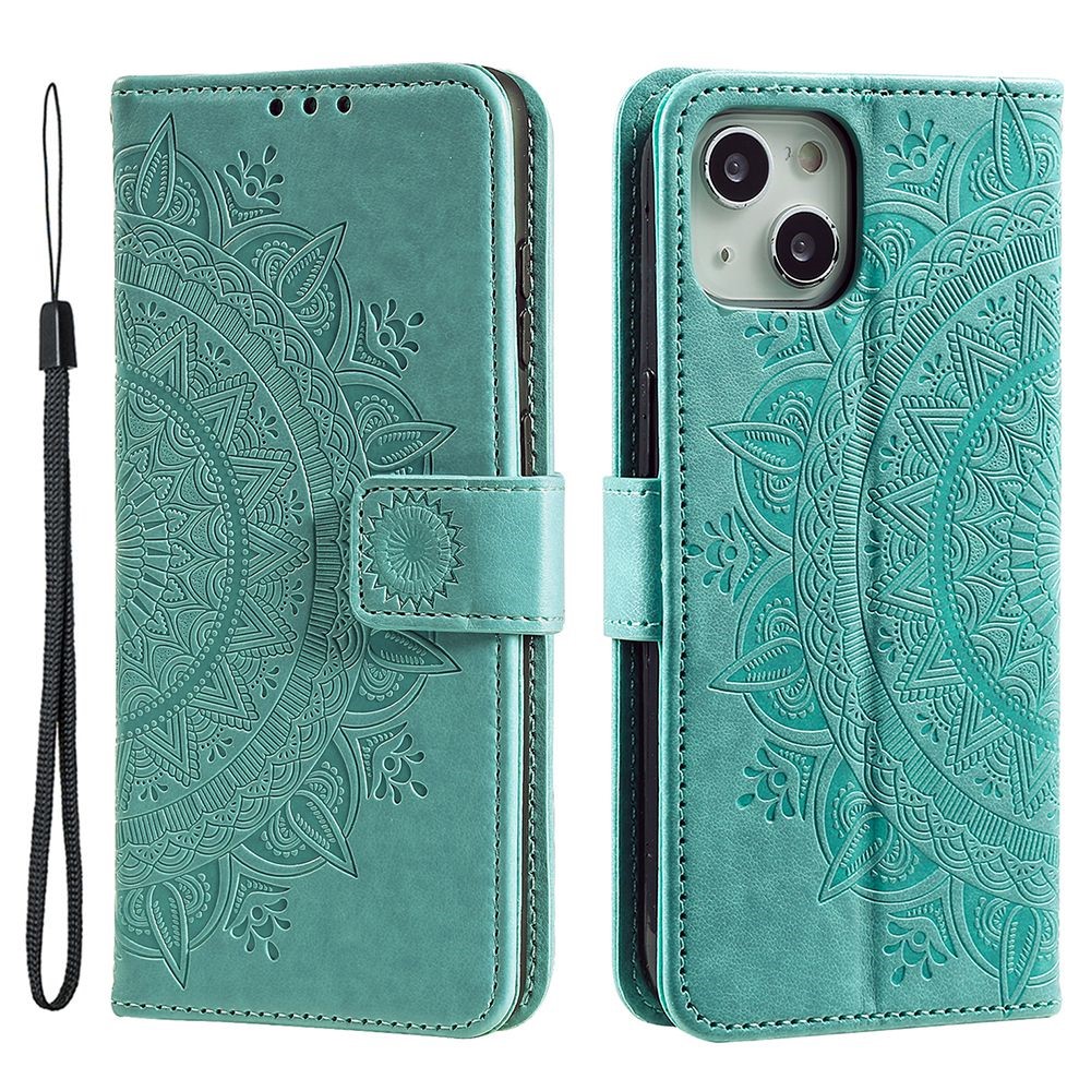 For iPhone 14 Max 6.7 inch Wallet Case Imprinted Mandala Flower Pattern PU Leather Wrist Strap Stand Feature Flip Cover - Green-1