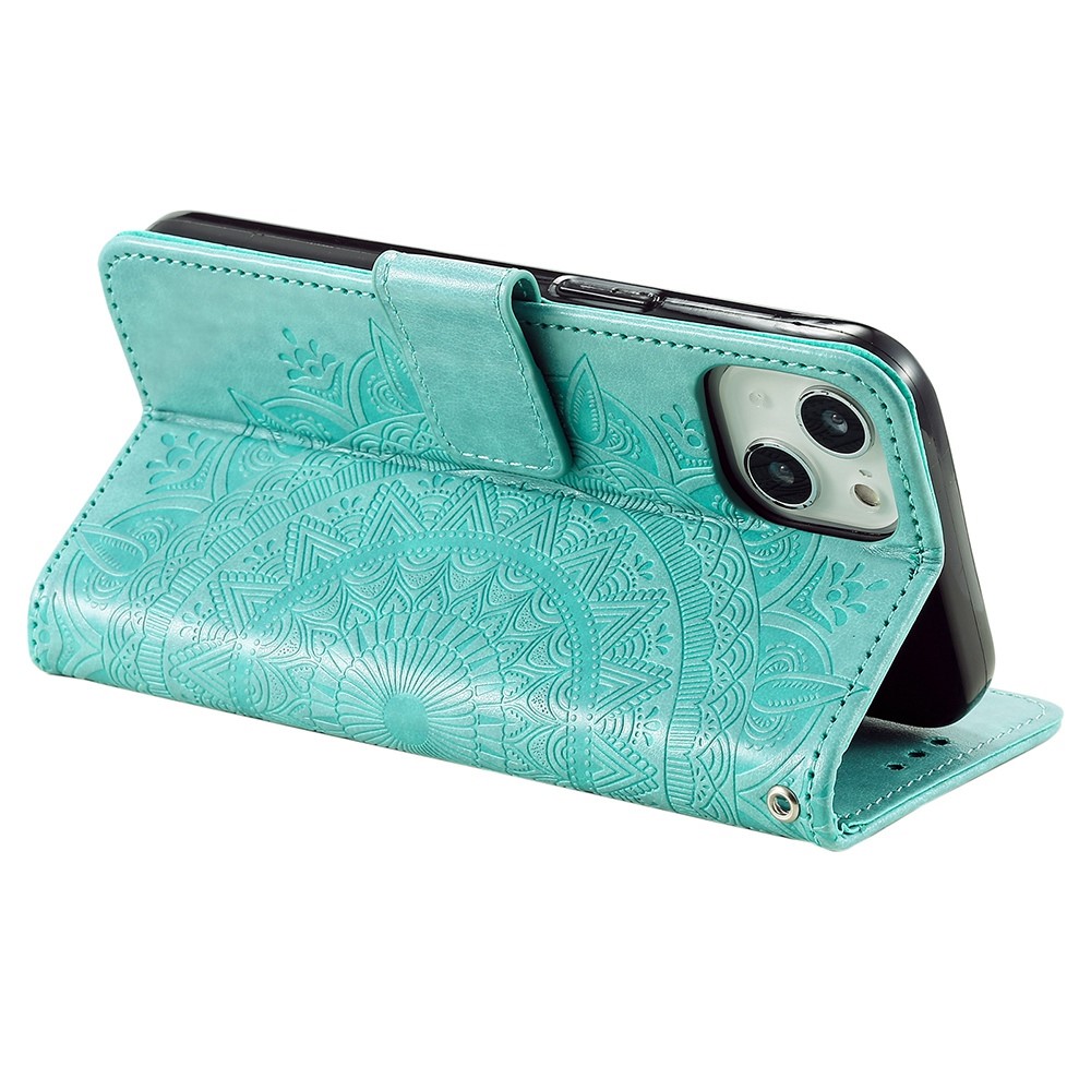 For iPhone 14 Max 6.7 inch Wallet Case Imprinted Mandala Flower Pattern PU Leather Wrist Strap Stand Feature Flip Cover - Green-4