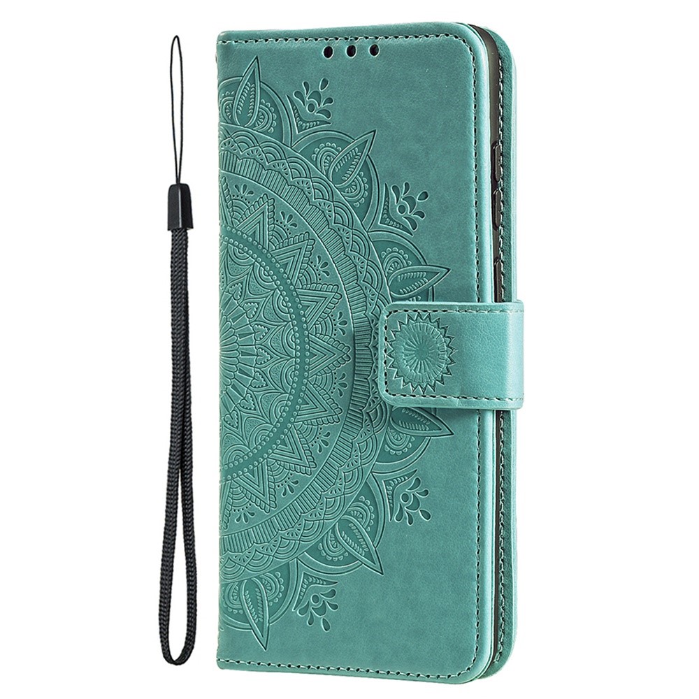 For iPhone 14 Max 6.7 inch Wallet Case Imprinted Mandala Flower Pattern PU Leather Wrist Strap Stand Feature Flip Cover - Green-5