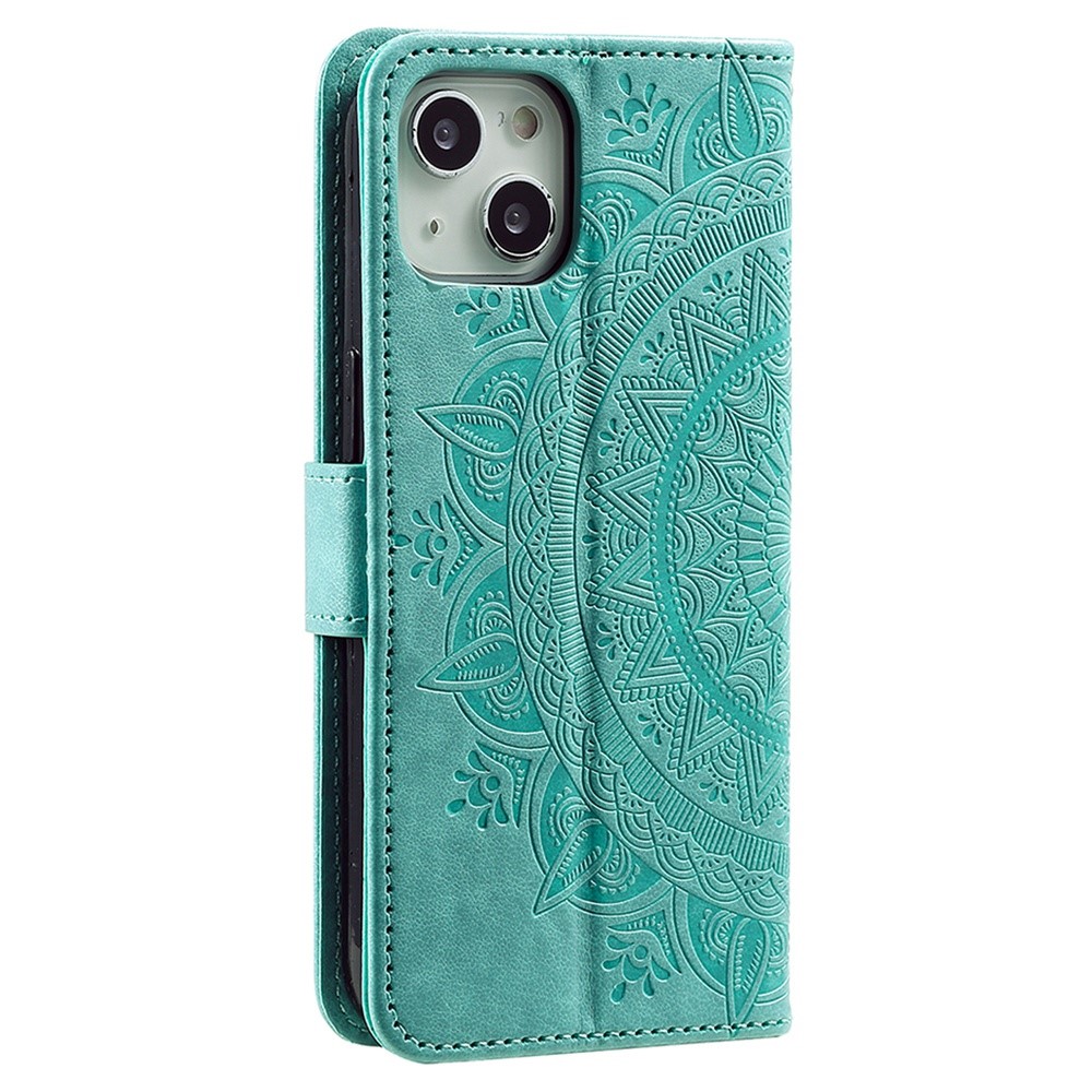 For iPhone 14 Max 6.7 inch Wallet Case Imprinted Mandala Flower Pattern PU Leather Wrist Strap Stand Feature Flip Cover - Green-6
