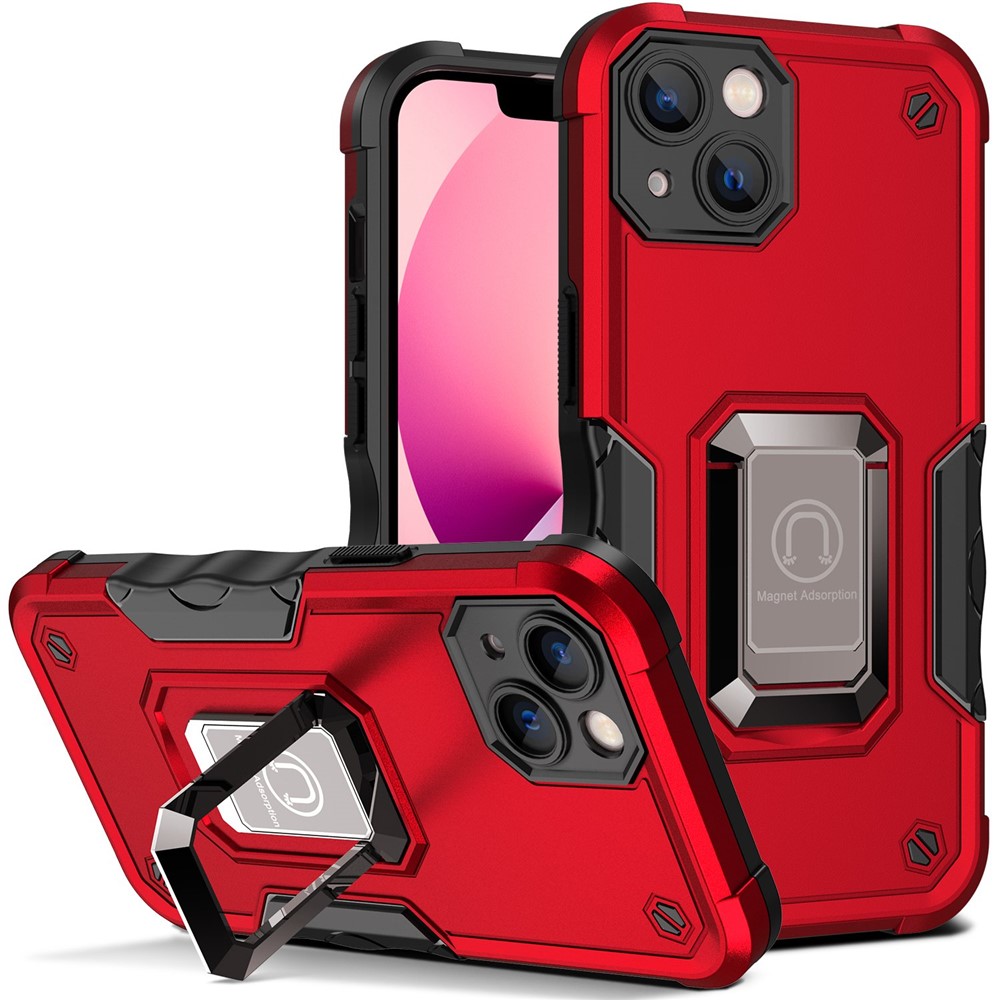 Built-in Kickstand Phone Case for iPhone 14 6.1 inch, Hard PC Soft TPU Hybrid Scratch-resistant Cell Phone Cover - Red-1